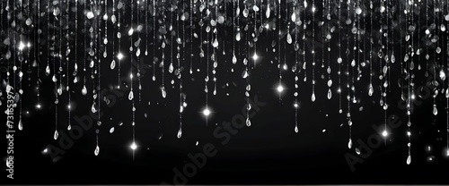 Shiny silver rain with sequins falling on black background, festive background with sparkling particles, for party, poster, greeting card