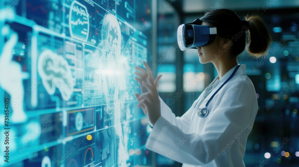 Young female doctor studying at intern practice using futuristic VR technology glasses with medical digital overlay in front of her Young female doctor studying at intern practice using futuristic VR technology glasses with medical digital overlay in front of her