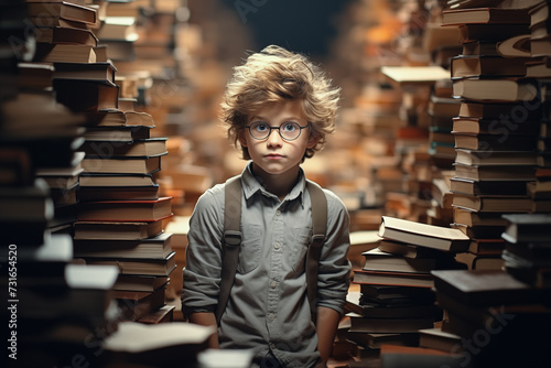 Smart boy surrounded by books. Learning and Education Concept. Generative Ai.