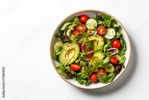 Savoring Simplicity: A Delicious Salad Bowl featuring Avocado, Tomatoes, and Fresh Veggies, Artfully Arranged on a White Blank Background
