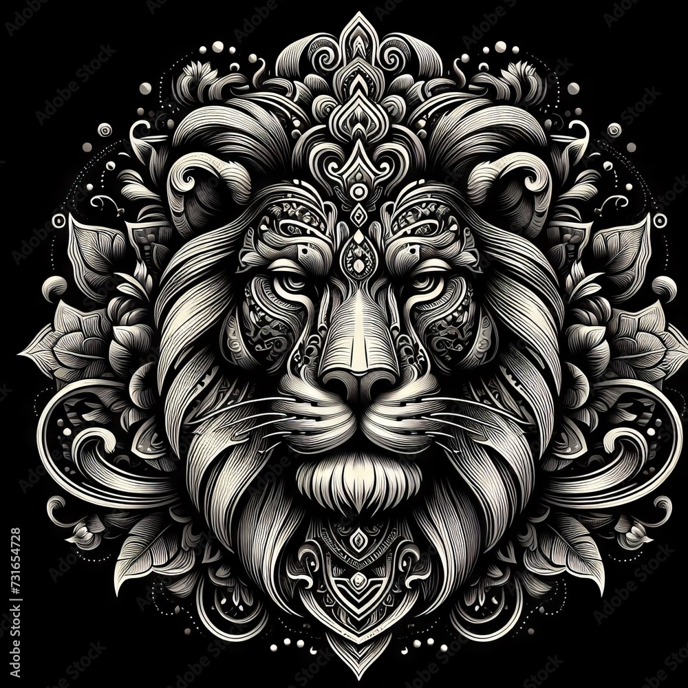 Illustration of decorated powerful lion in black and white