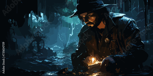 pirate searching with a blue light torch in dark forest, digital art style, illustration painting