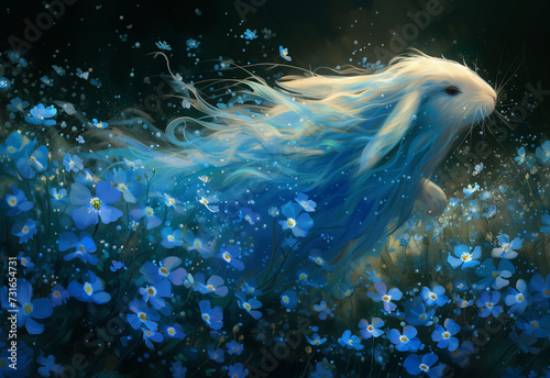Bunny in underwater forget-me-not world, jellyfish inspired © amavcoffee