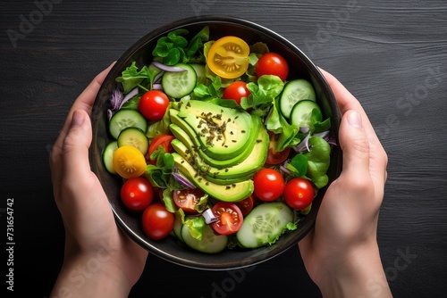 Harvested Goodness: Grasping a Bowl Laden with Nutrient-Rich Salad, Featuring Sliced Avocado, Tomato, and an Assortment of Fresh Vegetables
