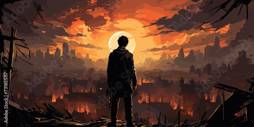 young man standing in the overgrown city at sunset, digital art style, illustration painting
