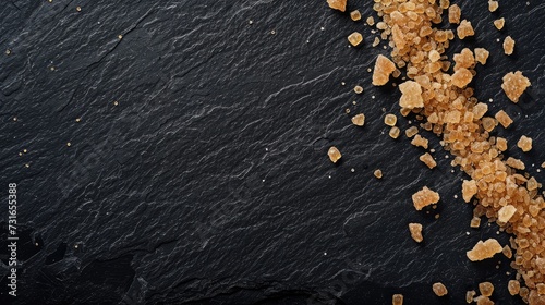 Black slate background with brown cane sugar photo