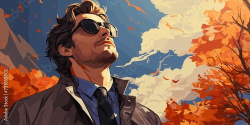 lonely man looks up at the sky feeling blue background are windy autumn leaves in pastel vector illustration