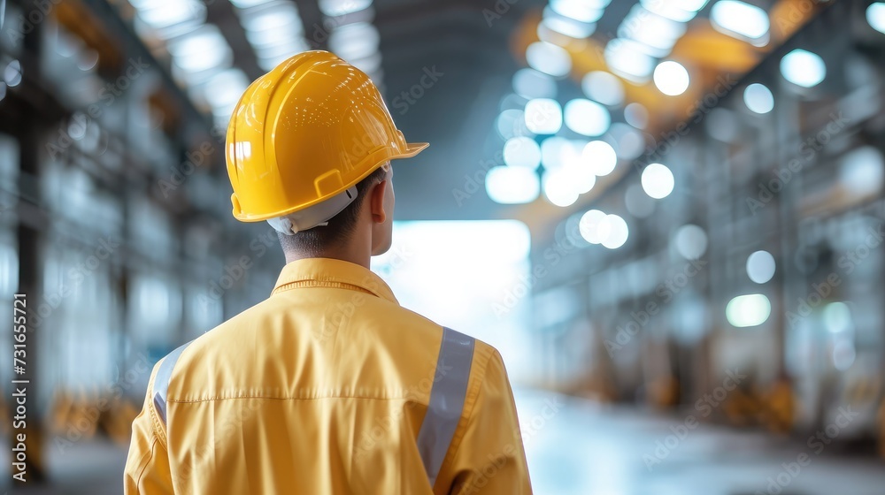 builder in hard hat looking at an industrial interior. Metal smelting plant builder in hard hat looking at an industrial interior. Metal smelting plant