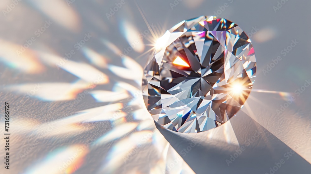 Close-up view of a clear round brilliant cut diamond with caustics rays on white background - obrazy, fototapety, plakaty 