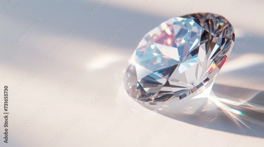Close-up view of a clear round brilliant cut diamond with caustics rays on white background