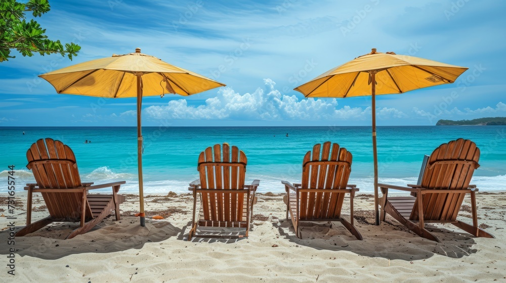 Beach chairs and umbrella on seashore, beach