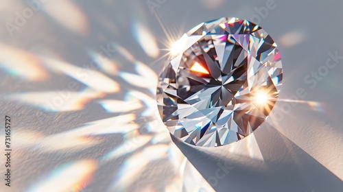 Close-up view of a clear round brilliant cut diamond with caustics rays on white background