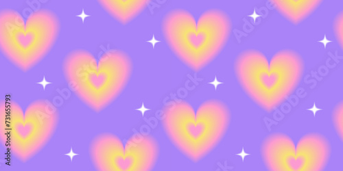Seamless pattern with y2k gradient pink hearts and stars. Retro vintage illustration for textile, paper, fabric, background, wallpaper, print design. Vector