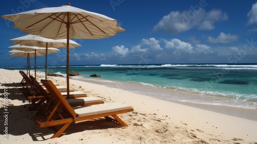 Beach chairs and umbrella on seashore  beach