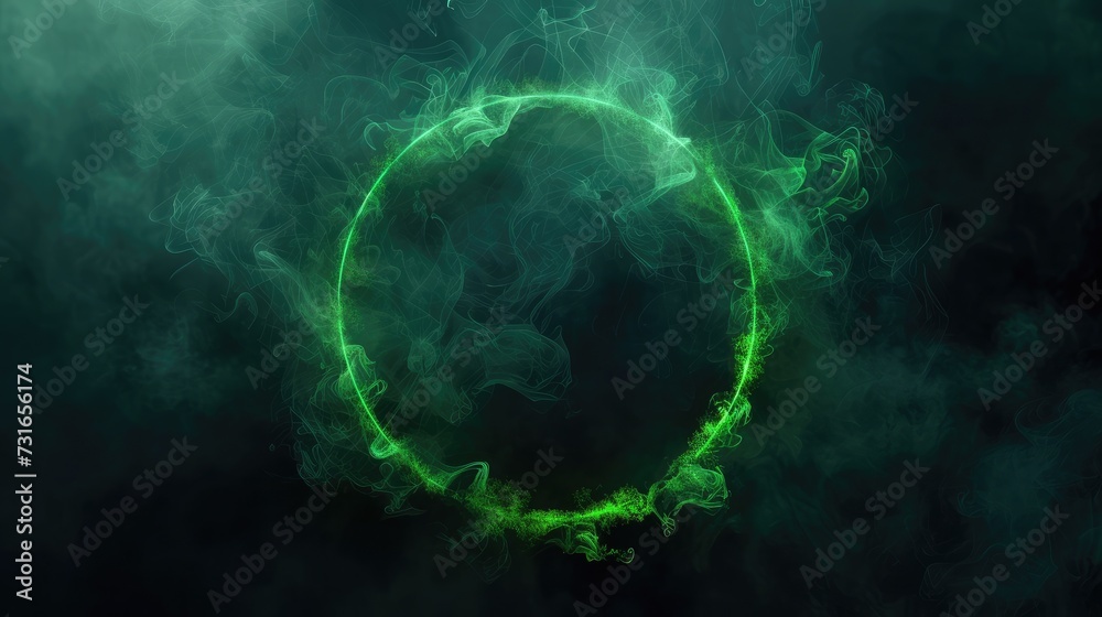 Futuristic smoke. Neon green color geometric circle on a dark background. Round mystical portal