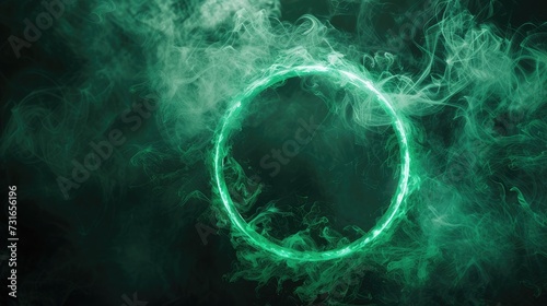 Futuristic smoke. Neon green color geometric circle on a dark background. Round mystical portal