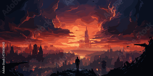 man floating in the sky and destroys the city with evil power, digital art style, illustration painting