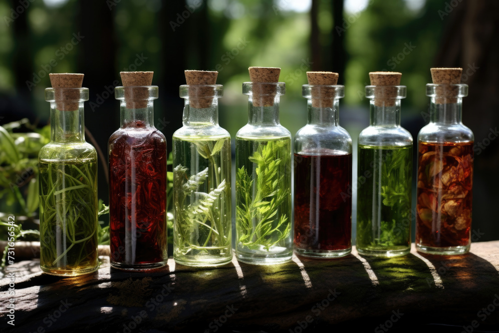 Herbal medicine concept. Dry natural ingredients and remedy bottle on the wooden table background. Witchcraft Herbal medicine concept. Dry natural ingredients and remedy bottle on the wooden table background. Witchcraft