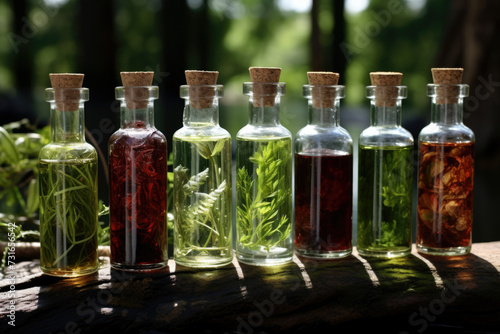 Herbal medicine concept. Dry natural ingredients and remedy bottle on the wooden table background. Witchcraft