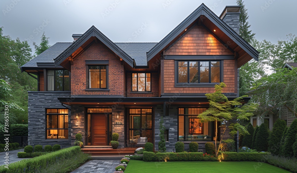 A Modern Home with a Green Lawn and a Well-Maintained Garden Generative AI A Modern Home with a Green Lawn and a Well-Maintained Garden Generative AI