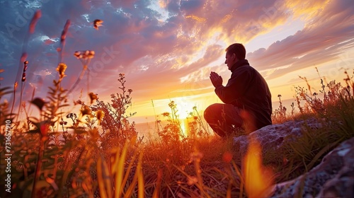 Christian prayer. Man on his knees praying on sunset background. Kneeling prayer to God.