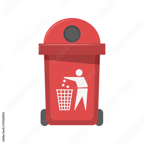 Red plastic trash can, street trash can. Vector illustration.