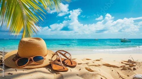 Sun glasses, flip flops, hat, sunglasses on a tropical beach with palm trees next to it