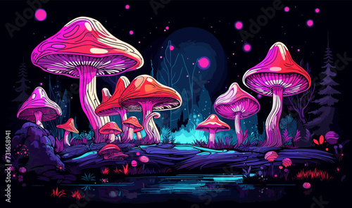 Fantasy Landscape with Neon Mushrooms isolated vector style illustration