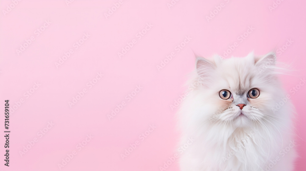 Advertising portrait, banner, funny cute fluffy white cat isolated on pink background. Serious straight look. Conceptual advertising and copy space Advertising portrait, banner, funny cute fluffy white cat isolated on pink background. Serious straight look. Conceptual advertising and copy space