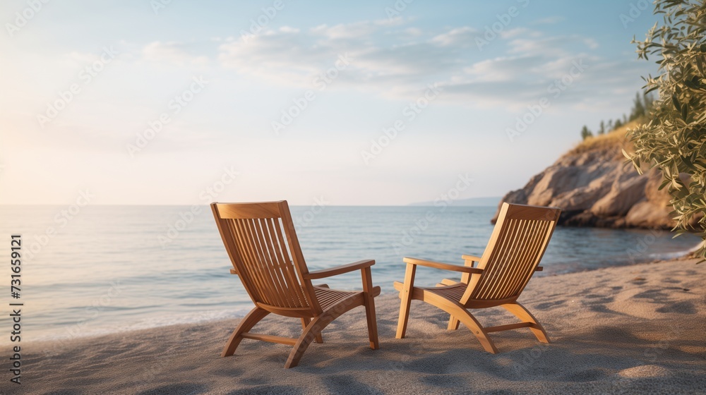 A serene image featuring two outdoor lounge chairs positioned next to the sea coast.  