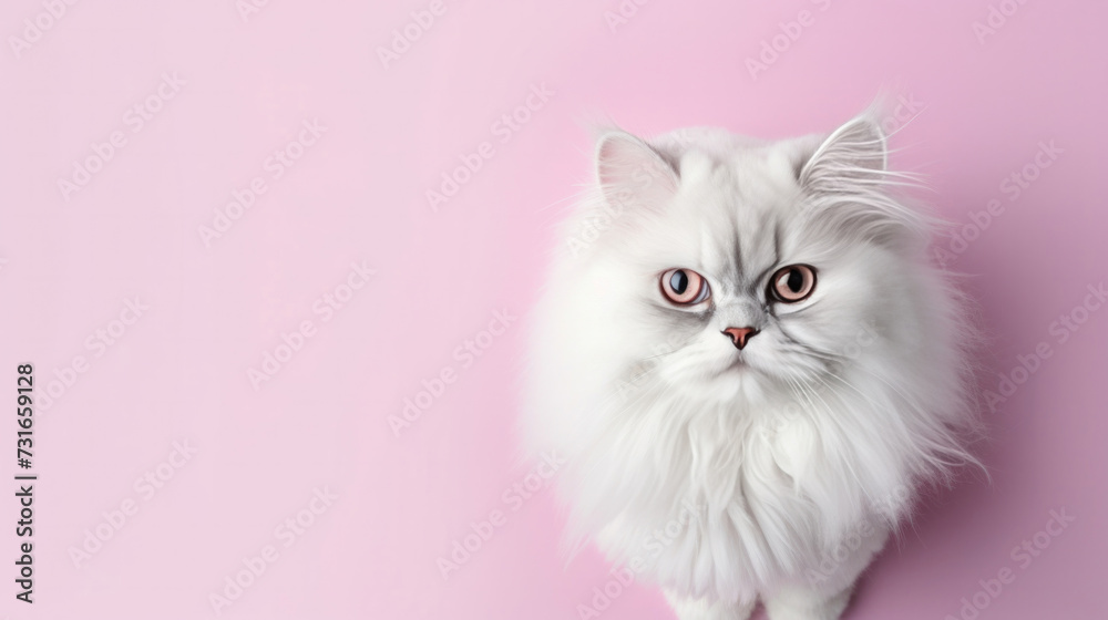 Advertising portrait, banner, funny cute fluffy white cat isolated on pink background. Serious straight look. Conceptual advertising and copy space