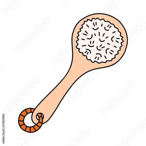 Cute doodle of wooden brush for anti cellulite massage, body and skin care. Natural tool for peeling, scrub and home spa procedure. Simple funny clipart with hand drawn outline isolated on white