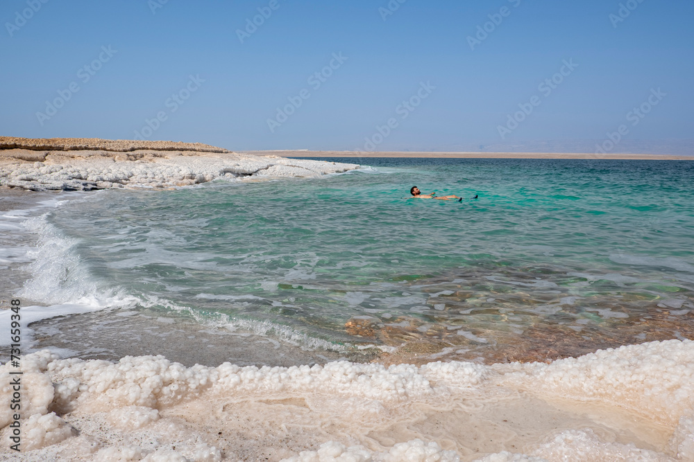 Rocky Beach With Salt Deposits in the Dead Sea, Jordan