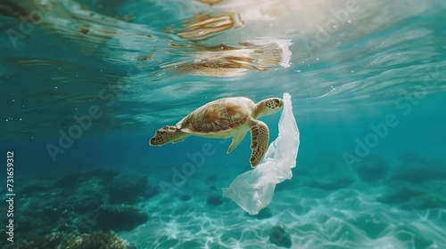 Turtle swimming with a plastic garbage in the ocean, environmental pollution