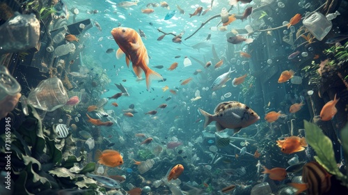 Underwater fish swim with plastic garbage