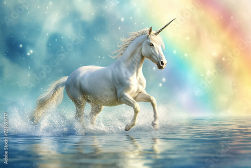 Illustration of a Beautiful White Unicorn Galloping Across the Water s Surface with a Rainbow in the Background. A Majestic and Enchanting Scene Evoking the Magic of Fantasy and Wonder
