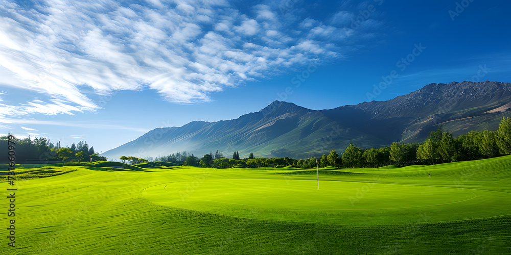 Beautiful golf course landscape with green grass and mountains under blue sky