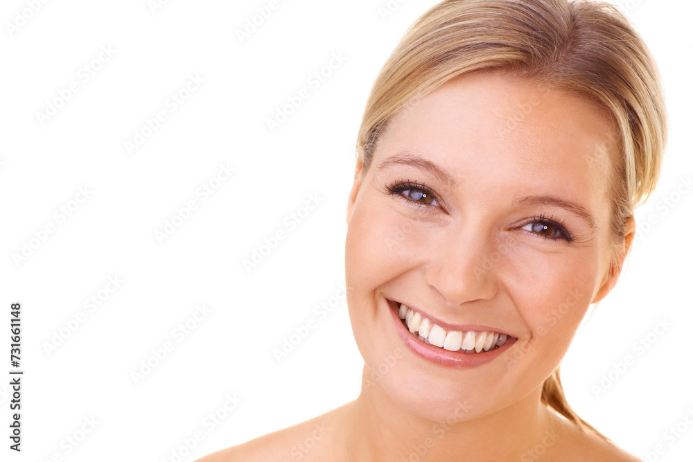 Woman, portrait and face in studio with smile for dental closeup of model on white background. Person, happiness and cosmetic for skincare and mouth of clean teeth with beauty of treatment results Woman, portrait and face in studio with smile for dental closeup of model on white background. Person, happiness and cosmetic for skincare and mouth of clean teeth with beauty of treatment results