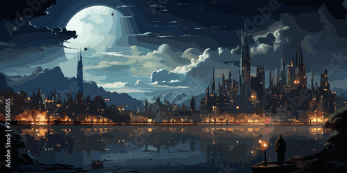 painting of modern urban city at night ,illustration