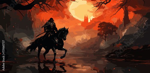 The knight with spear riding a horse through the fire forest, digital art style, illustration painting