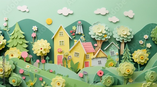 Paper landscape of a mountain village at summer photo