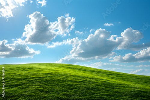 Green field and blue sky with clouds. Nature background
