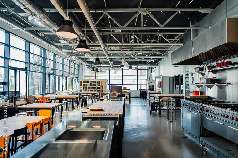 Modern high rack warehouse, dining room and kitchen in a large industrial space