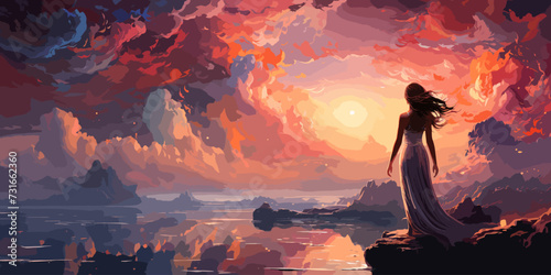beautiful scenery of the woman standing alone on a wooden pier looking at colorful clouds in the sky, digital art style, illustration painting