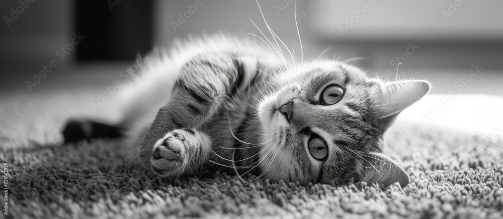 A monochrome photo of a small to medium-sized grey Felidae cat lying on its back on a carpet, with whiskers, snout, and paw visible. - obrazy, fototapety, plakaty 