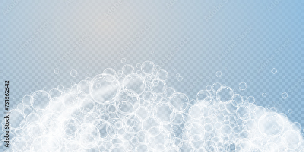 This vector template shows a bath foam with shampoo bubbles isolated on a transparent background. It can be used for advertising purposes. Mousse bath foam. - obrazy, fototapety, plakaty 