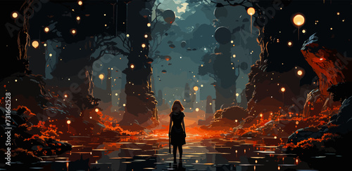 woman with her sword looking at the mysterious floating stones in the forest, digital art style, illustration painting