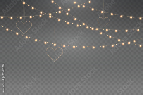 Christmas garland isolated on transparent background. Glowing colorful light bulbs with sparkles.Xmas, New Year, wedding or Birthday decor. Party event decoration. Winter holiday season element.
