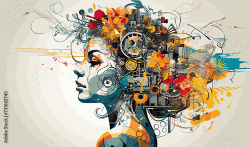 Artistic collage of the thought process and generating new creative ideas that are contemporary and abstract