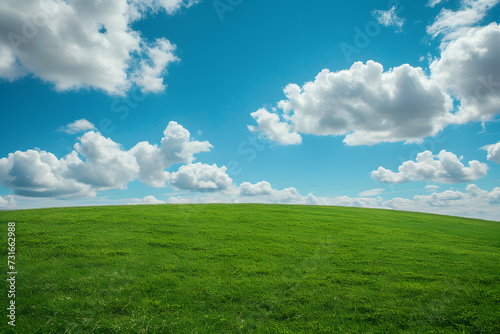 Green field under blue sky with white clouds. Landscape. Nature